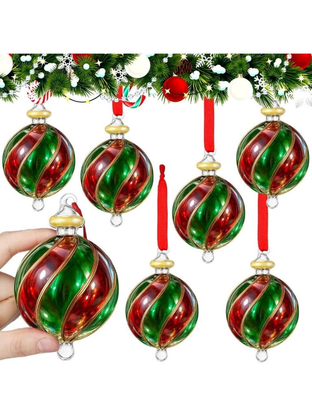Set of 6 Blown Glass Christmas Ornaments - Red & Green Tree Decor Balls